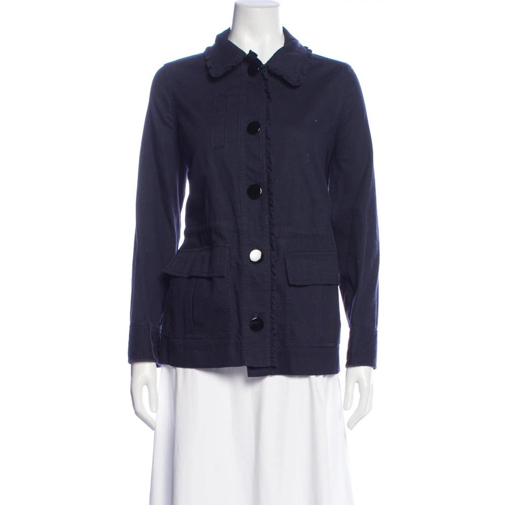 Kate Spade New York Navy Blue Ruffle Trim Utility Jacket with Back Velvet Bow XS